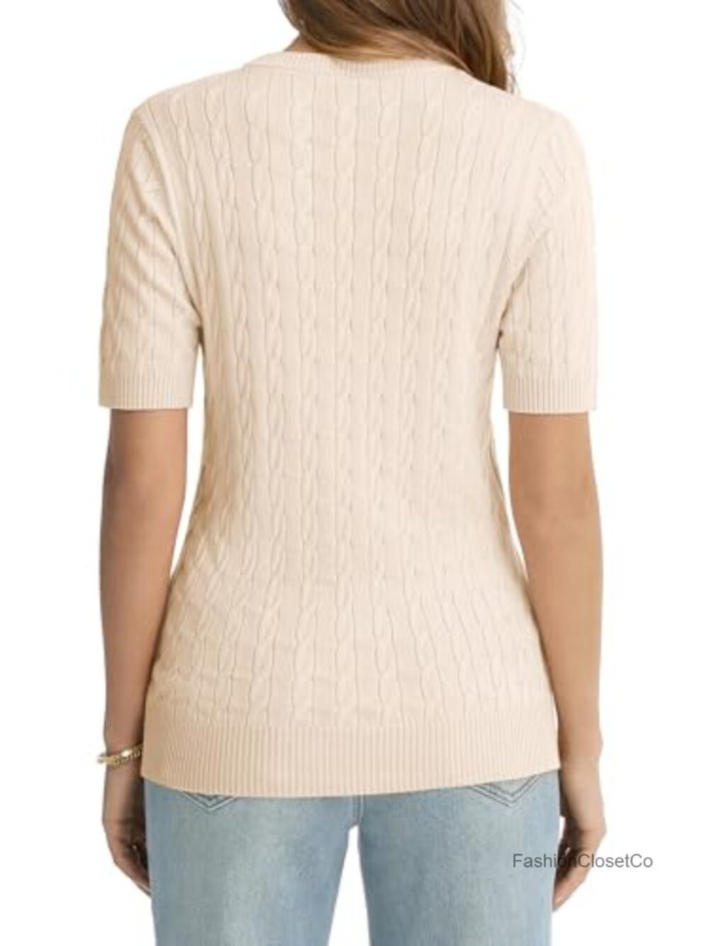 Women's Cable Knit Short Sleeve Crew Neck Sweater Viscose Blend - Picture 5 of 6